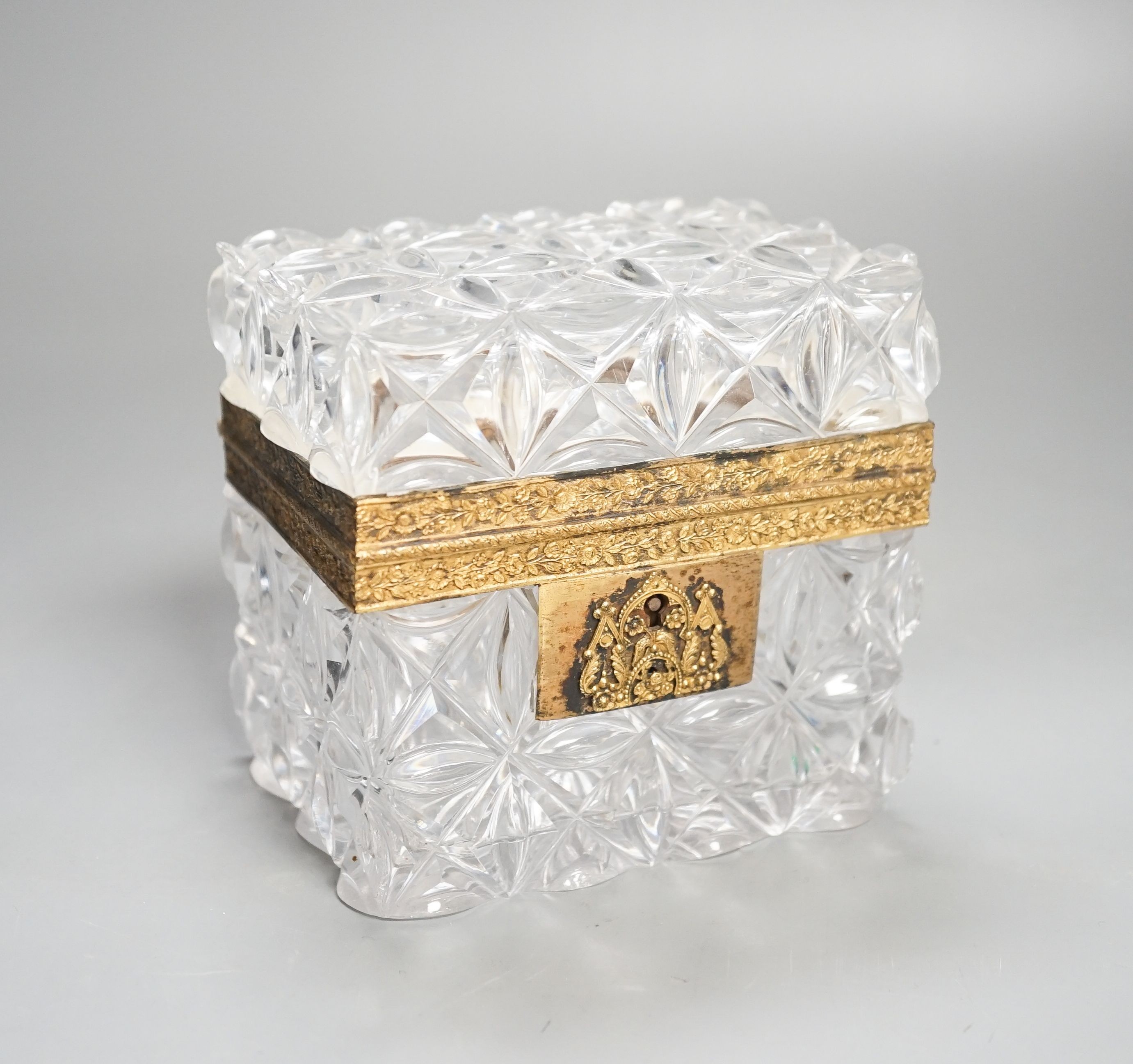 A mid 19th century French cut glass and ormolu mounted casket, probably Baccarat, 11cm